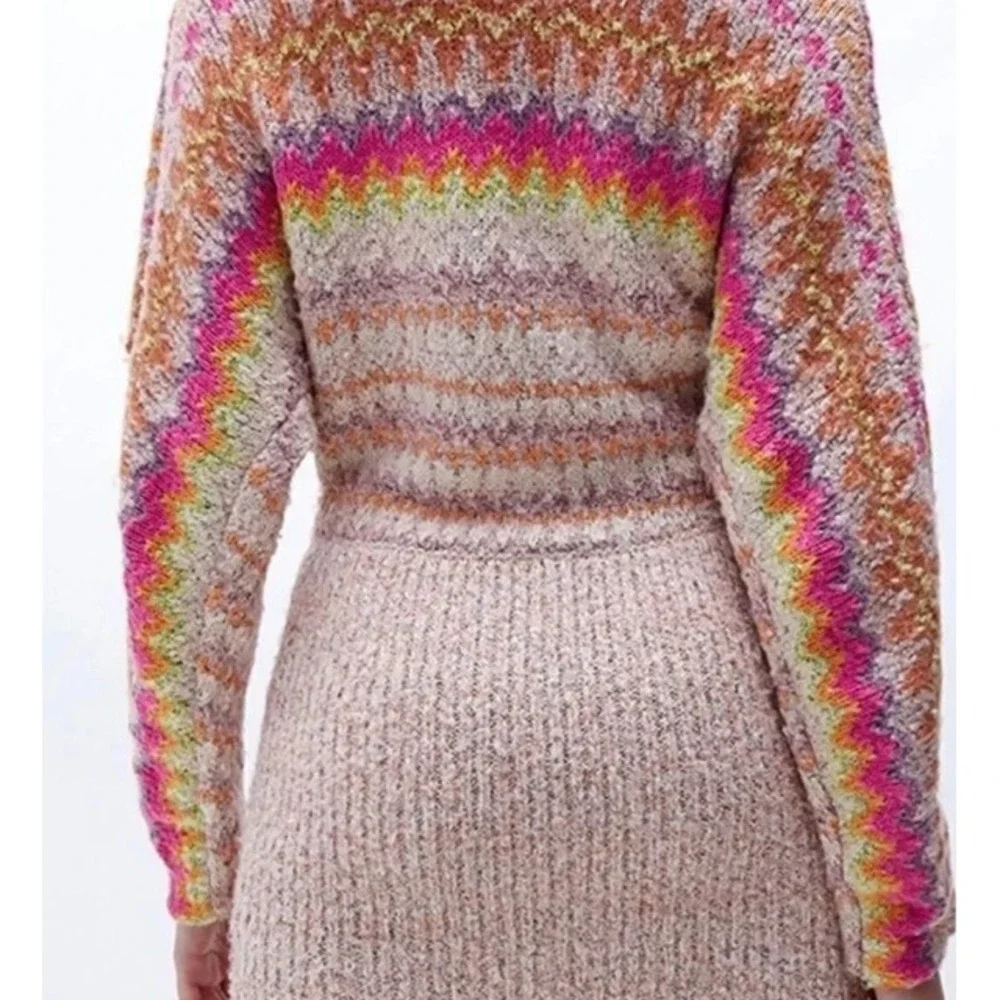 Free People Sweater Dress Womens S Pink Multi Fair Isle Wrap Boucle Tunic Artsy